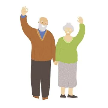 Vector flat illustration of happy cheerful senior couple, holding hands, waving Stock Illustration