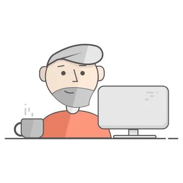 Vector flat illustration of happy man working on computer. Business process icon Stock Illustration