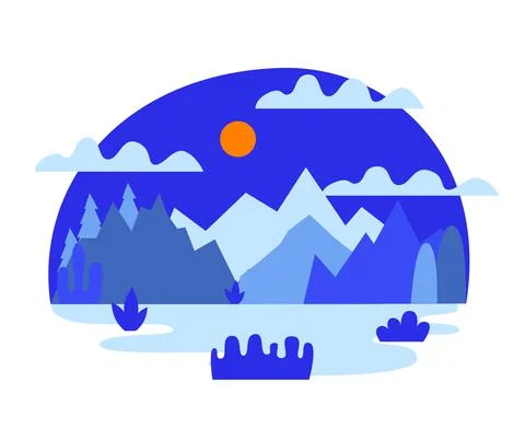Vector flat illustration of hills and snowy mountains night landscape. Hill Stock Illustration