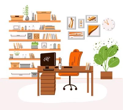 Vector flat illustration of home office work place interrior - working desk with Stock Illustration