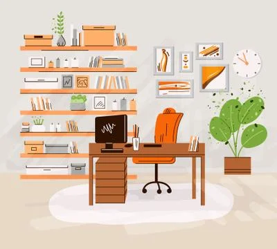 Vector flat illustration of home office work place interrior - working desk with Illustrazione stock