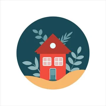Vector flat illustration of a house with plants in a dark circle Stock Illustration