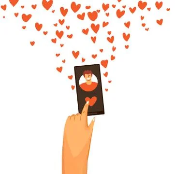 Vector flat illustration of human hand giving love and swiping right on dating Stock Illustration