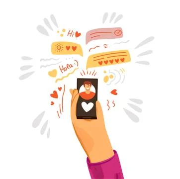 Vector flat illustration of human hand giving love and swiping right on dating Stock Illustration