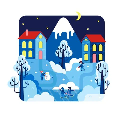 Vector flat illustration with kids playing winter games. Stock Illustration