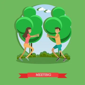 Vector flat illustration of loving couple meeting in park Ilustração Stock