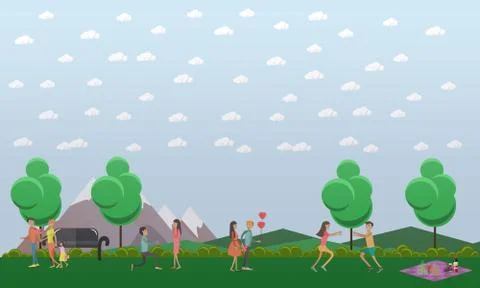 Vector flat illustration of loving couples taking rest in park Ilustración de archivo