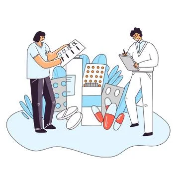 Vector flat illustration of man and woman characters checking up medical drug Stock Illustration