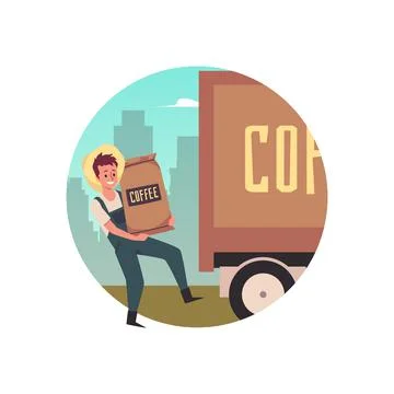 Vector flat illustration of man farmer loading sacks with coffee beans in tru Stock Illustration