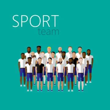 Vector flat illustration with men group or community wearing sport uniform. Stock Illustration