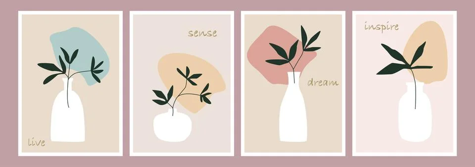 Vector flat illustration. Modern set of four posters with potted leaves in .. Stock Illustration