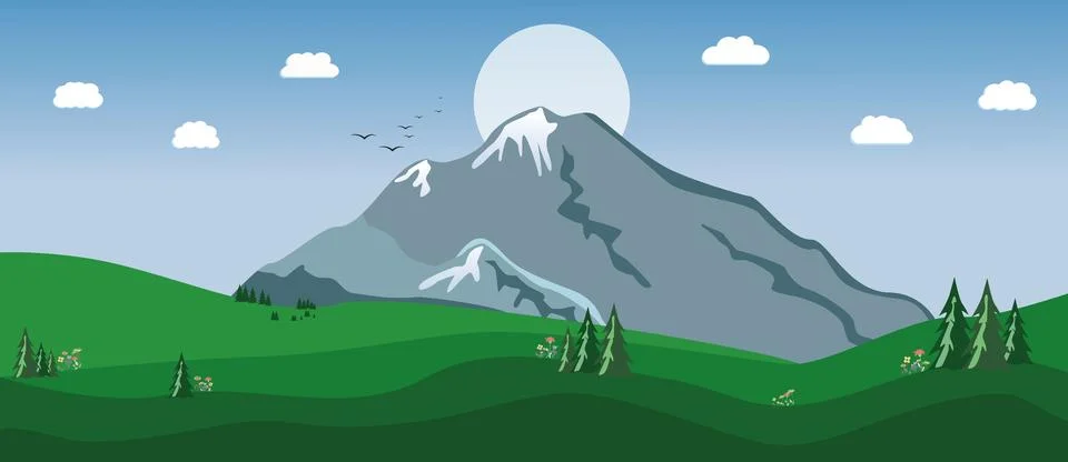 Vector flat illustration. Mountain landscape. Summer panorama with beautiful Stock Illustration