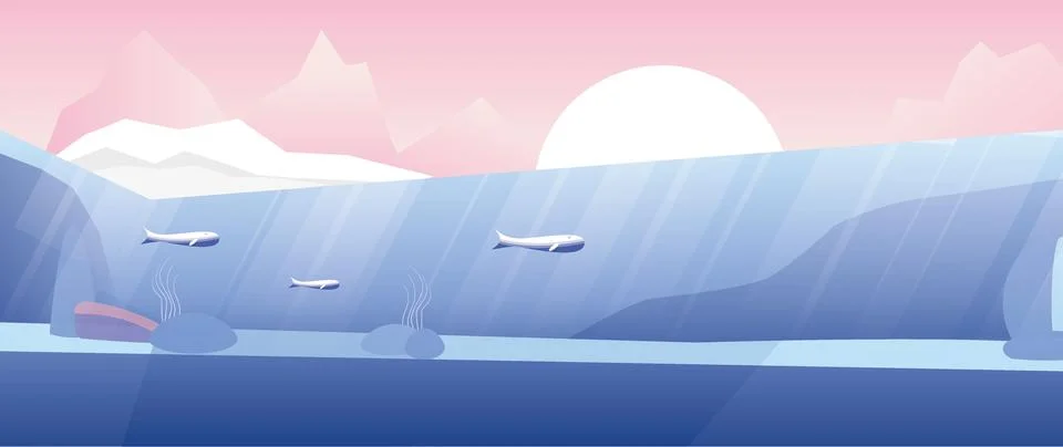 Vector flat illustration. Mountain landscape. Cartoon style. Ocean, whales Stock Illustration