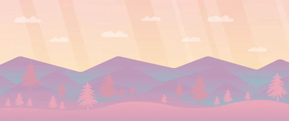 Vector flat illustration. Mountain landscape. Cartoon style. Meadows, forest Stock Illustration