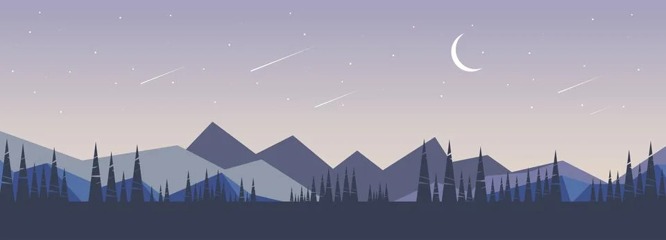 Vector flat illustration. Mountain panorama. Night landscape. Beautiful nature Stock Illustration