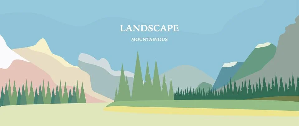 Vector flat illustration. Mountainous landscape. Cartoon style. Green meadows Stock Illustration