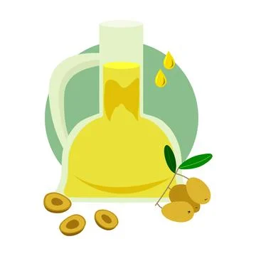 Vector flat illustration of olive oil in a glass vessel, drops of olive oil and Stock Illustration