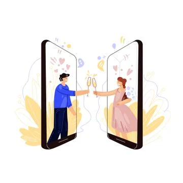 Vector flat illustration of online dating industry. Happy man and woman, clink Stock Illustration