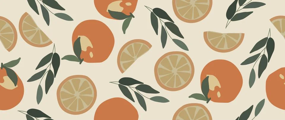 Vector flat illustration. An orange and its halves with leaves on a light Stock Illustration