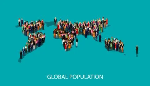 Vector flat illustration of people standing on the world global map shape. Stock Illustration