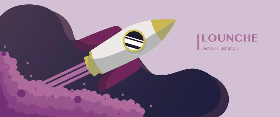 Vector flat illustration. The picture shows a spaceship and a rocket. The c.. Stock Illustration