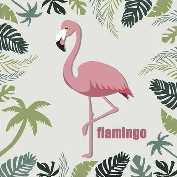 Vector flat illustration. Pictured tropical leaves and flamingos. Ideal for.. イラスト素材