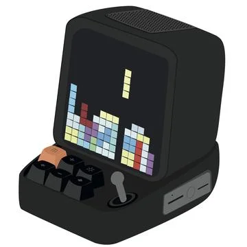 Vector flat illustration. Portable wireless trendy black speaker isolated o.. Stock Illustration