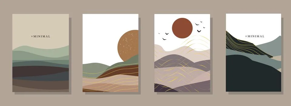 Vector flat illustration. Posters of minimalist landscape design.For flyer,.. Stock Illustration