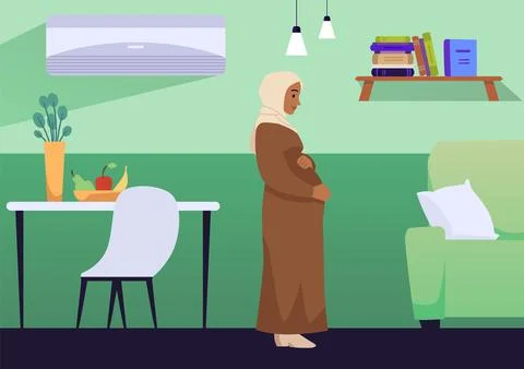 Vector flat illustration a pregnant young woman in a hijab enjoys the peace of Stock Illustration