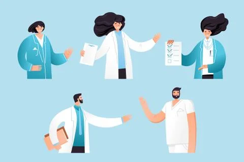 Vector flat illustration of professional medic team with pointing gestures Stock Illustration