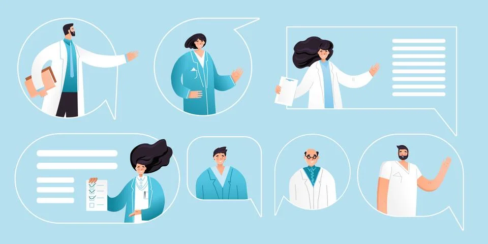 Vector flat illustration of professional medic team with pointing gestures in Stock Illustration