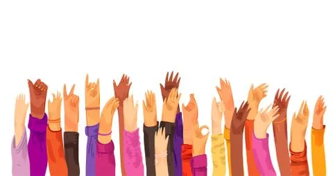 Vector flat illustration of raised up human hands, multiracial. Concept of Stock Illustration