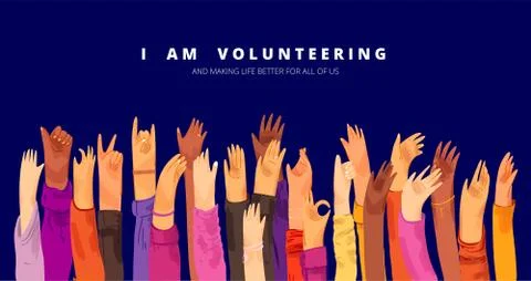 Vector flat illustration of raised up human hands, multiracial. Concept of Stock Illustration