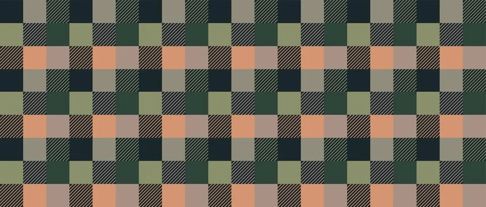 Vector flat illustration. Scottish seamless pattern. Green and orange plaid.. Stock Illustration