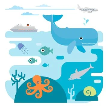 Vector flat illustration of sea and sea animals. Stock Illustration