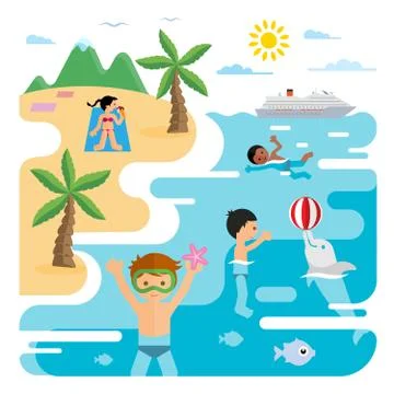 Vector flat illustration of sea and young people at the beach Stock Illustration