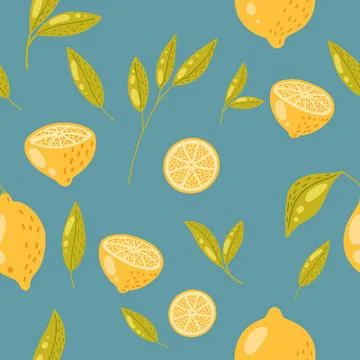 Vector flat illustration. Seamless pattern of fresh fruit yellow lemon with g 스톡 일러스트