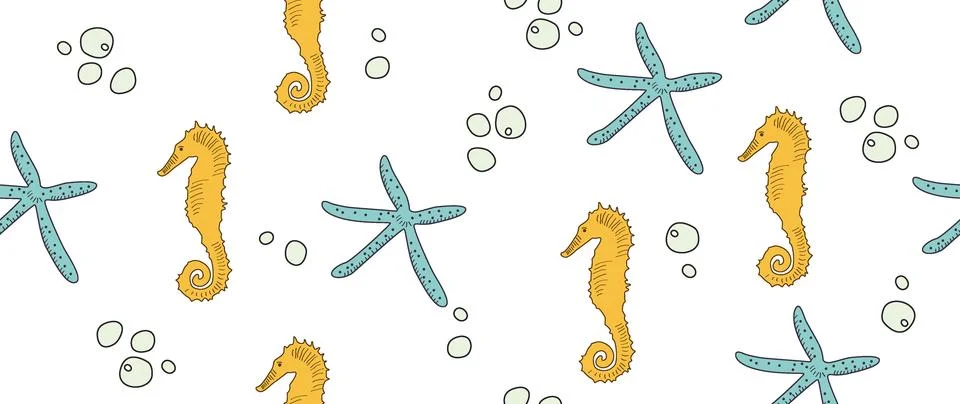 Vector flat illustration. Seamless pattern of underwater life with cute 스톡 일러스트