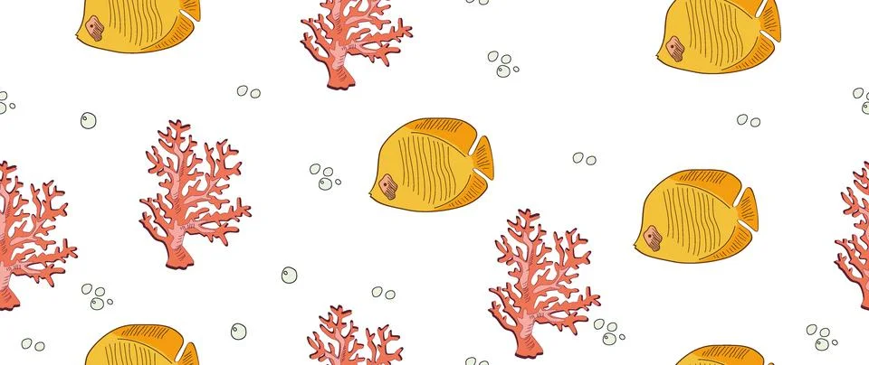 Vector flat illustration. Seamless pattern of underwater life with cute fishes 스톡 일러스트