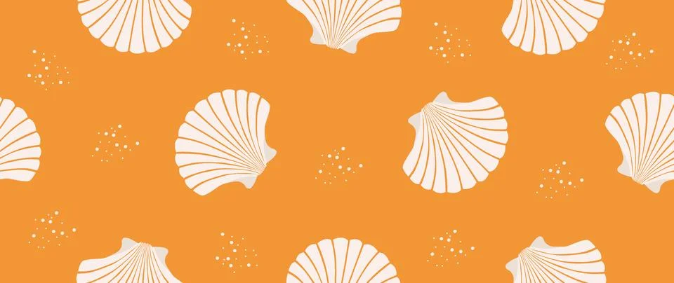 Vector flat illustration. Seamless sea shells on an orange background. In 库存插图