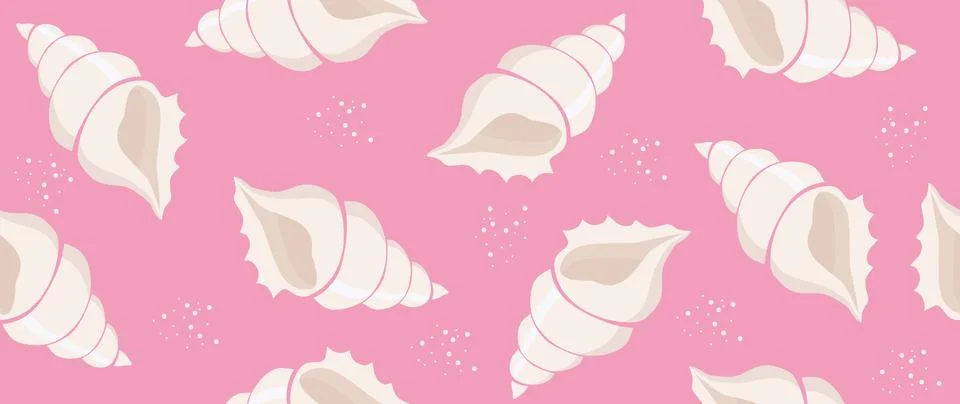 Vector flat illustration. Seamless sea shells on a pink background. In cartoon イラスト素材