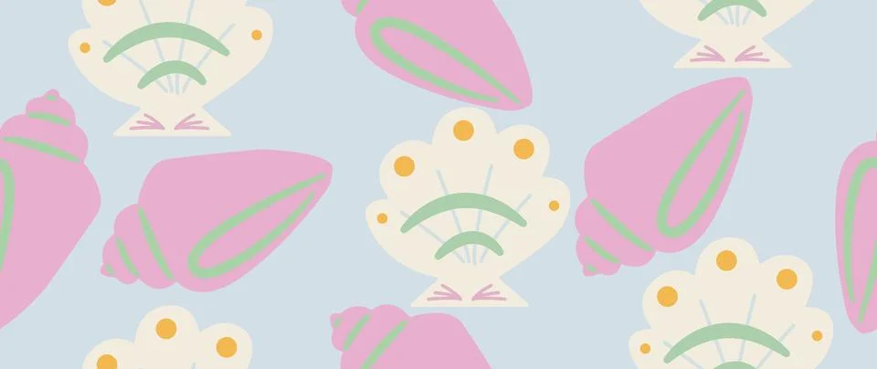 Vector flat illustration. Seamless sea shells in pastel colors. In cartoon .. Stock Illustration