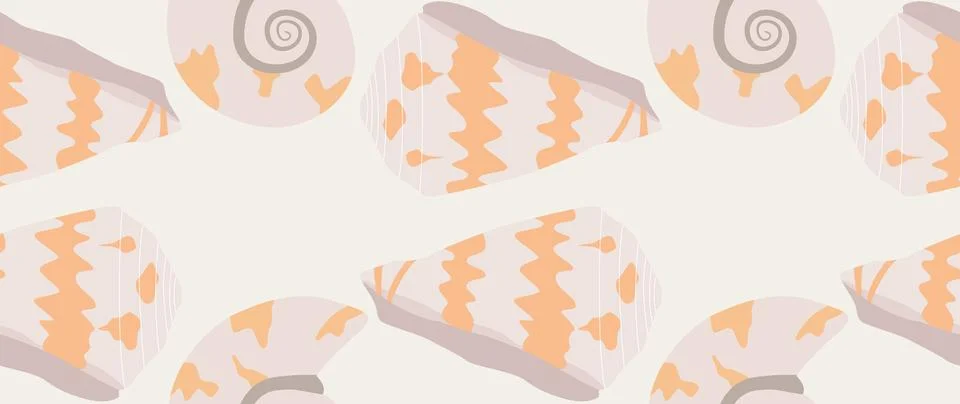 Vector flat illustration. Seamless sea shells. In cartoon style. Cute print.. Stock Illustration