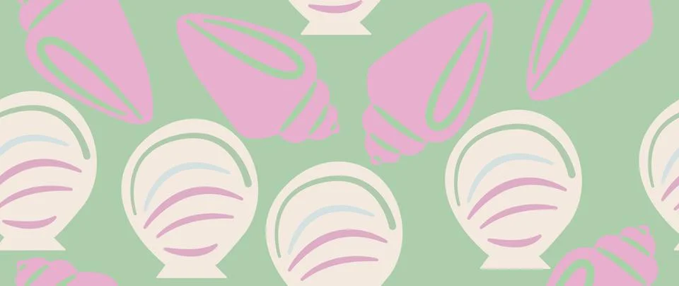 Vector flat illustration. Seamless sea shells in pastel colors. In cartoon .. Stock Illustration