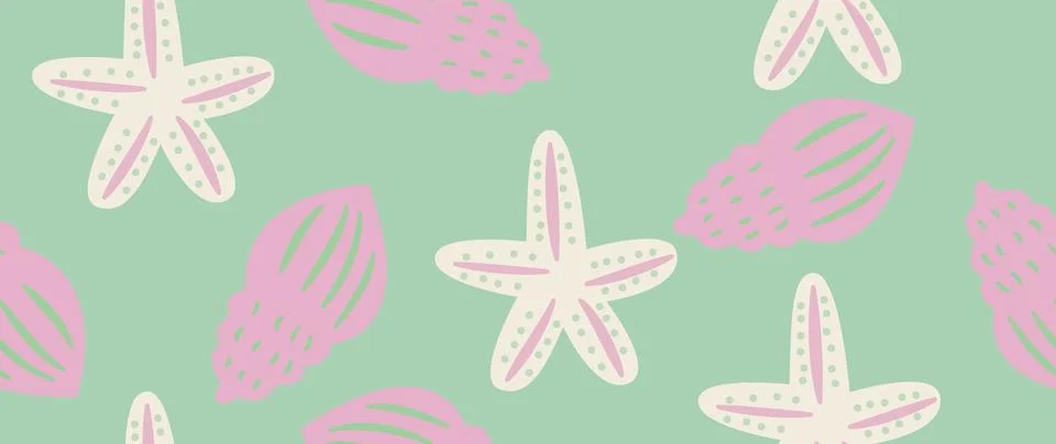 Vector flat illustration. Seamless sea shells in pastel colors. In cartoon Stock Illustration