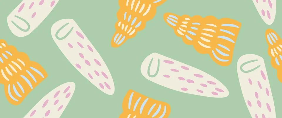 Vector flat illustration. Seamless sea shells in pastel colors. In cartoon Stock Illustration