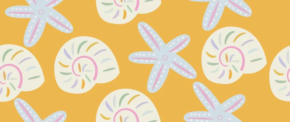 Vector flat illustration. Seamless sea shells in pastel colors. In cartoon Stock Illustration