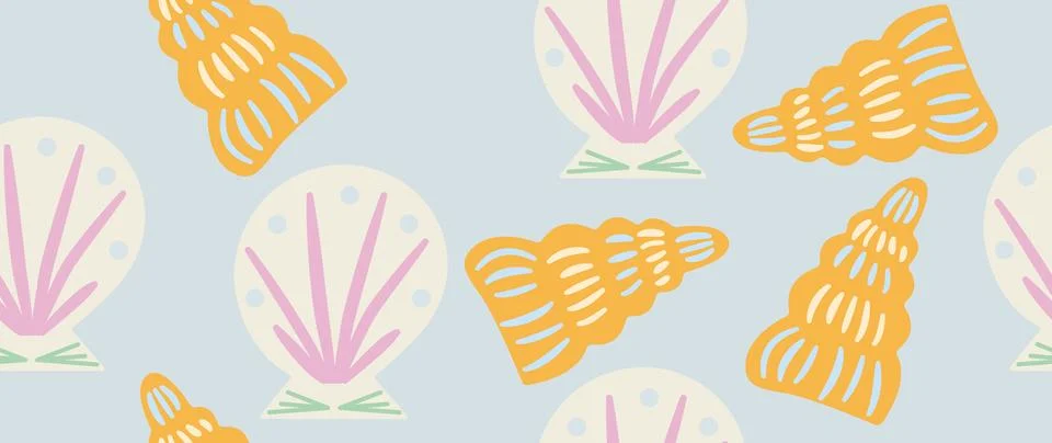 Vector flat illustration. Seamless sea shells in pastel colors. In cartoon Stock Illustration