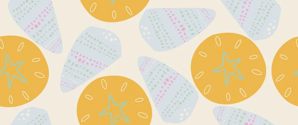 Vector flat illustration. Seamless sea shells in pastel colors. In cartoon Stock Illustration