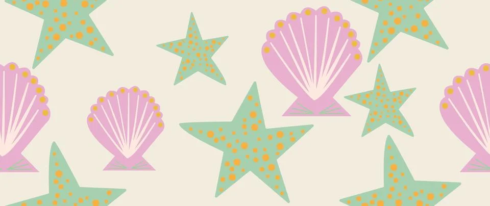 Vector flat illustration. Seamless sea shells in pastel colors. In cartoon Stock Illustration